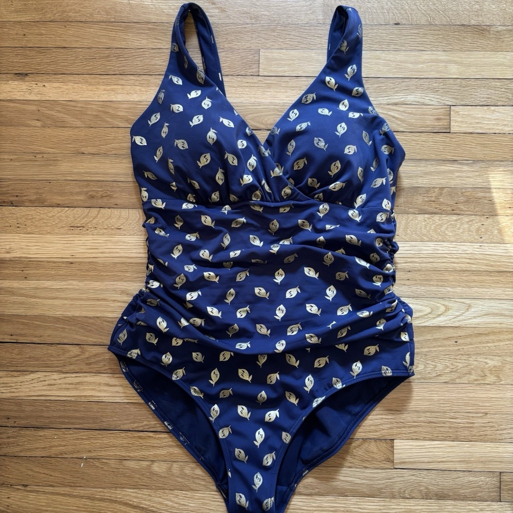 Boden One Piece Swimsuit Navy Gold Lemon Women 10 Ruched Surplice V-Neck Resort